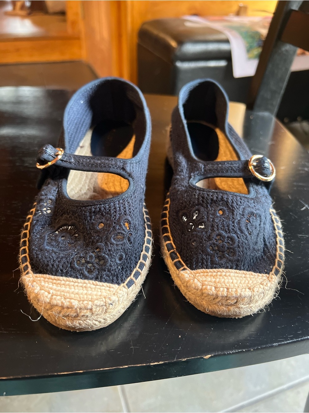 Talbots Navy Embroidered Mary Jane Espadrille Flats with Jute Trim